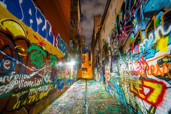 Graffiti Alley w nocy, w Station North, Baltimore, Maryland. — Zdjęcie stockowe