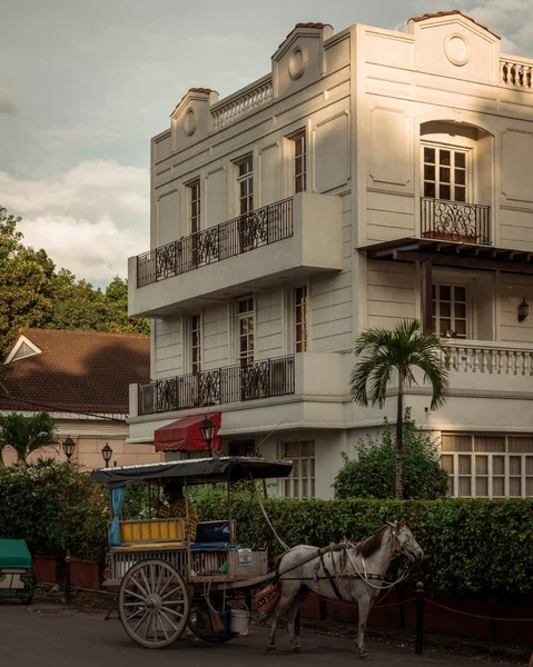 Intramuros, Man具有历史建筑的马和马车 — 图库照片