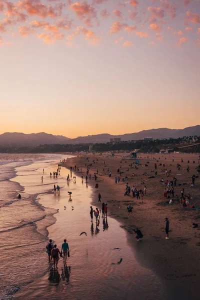 Santa Monica, Los Angeles, Calif 'te gün batımında sahili seyretmek.