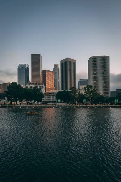 The downtown Los Angeles skyline, with the reflecting pool at th