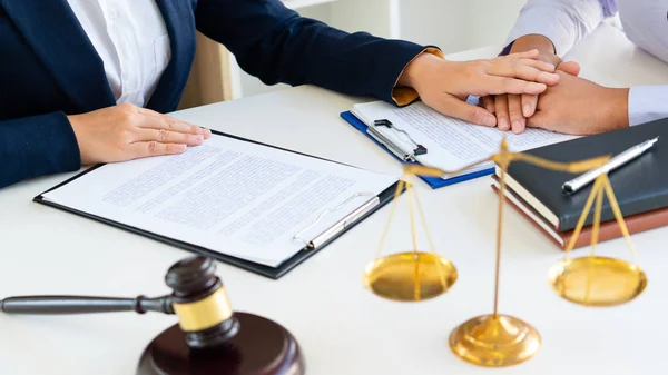 Women attorney or lawyer provide holding hands to Consoling with client trust commitment  in office, legal advice law concept. — Stock Photo, Image