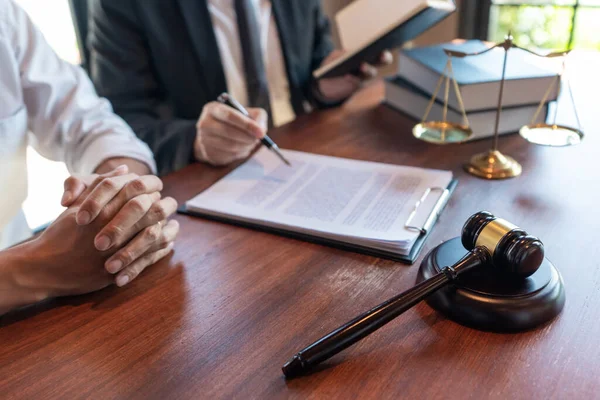 Lawyer Working Client Discussing Contract Papers Brass Scale Legal Legislation — Stock Photo, Image