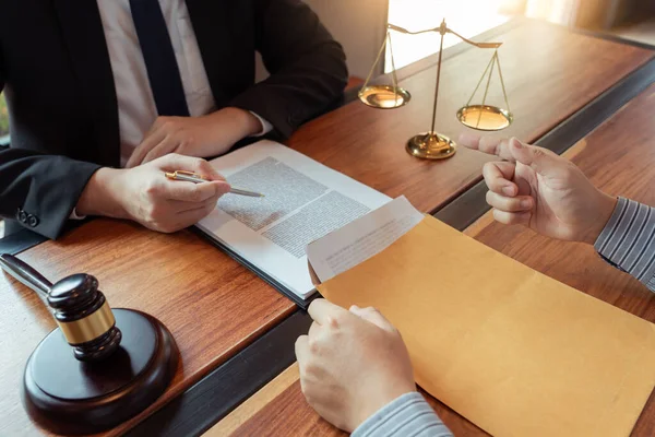 Male Notary Lawyer Judge Consult Discussing Contract Papers Businessman Client — Stock Photo, Image