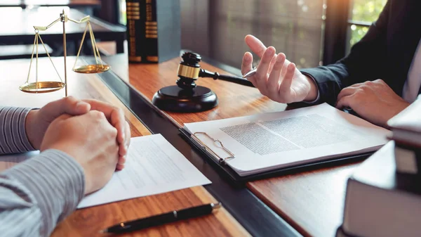 Lawyer Working Client Discussing Contract Papers Brass Scale Legal Legislation — Stock Photo, Image