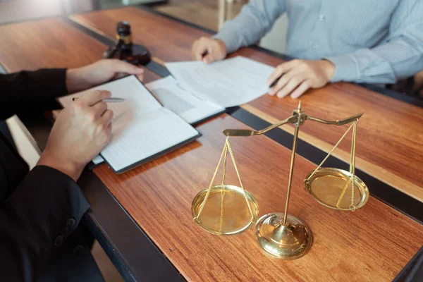 Lawyer Working Client Discussing Contract Papers Brass Scale Legal Legislation — Stock Photo, Image