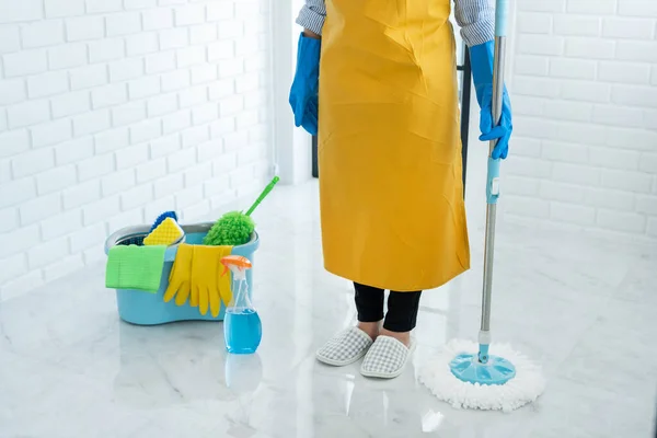 Mujer Ama Llaves Con Fregona Cubo Con Productos Limpieza Para — Foto de Stock