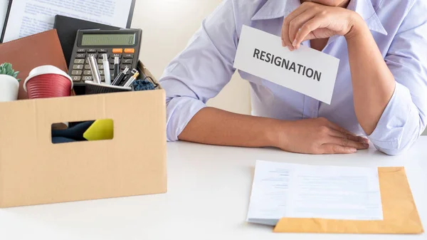 Stress Business Woman Packing Brown Cardboard Box Her Belonging Resign — Stock Photo, Image