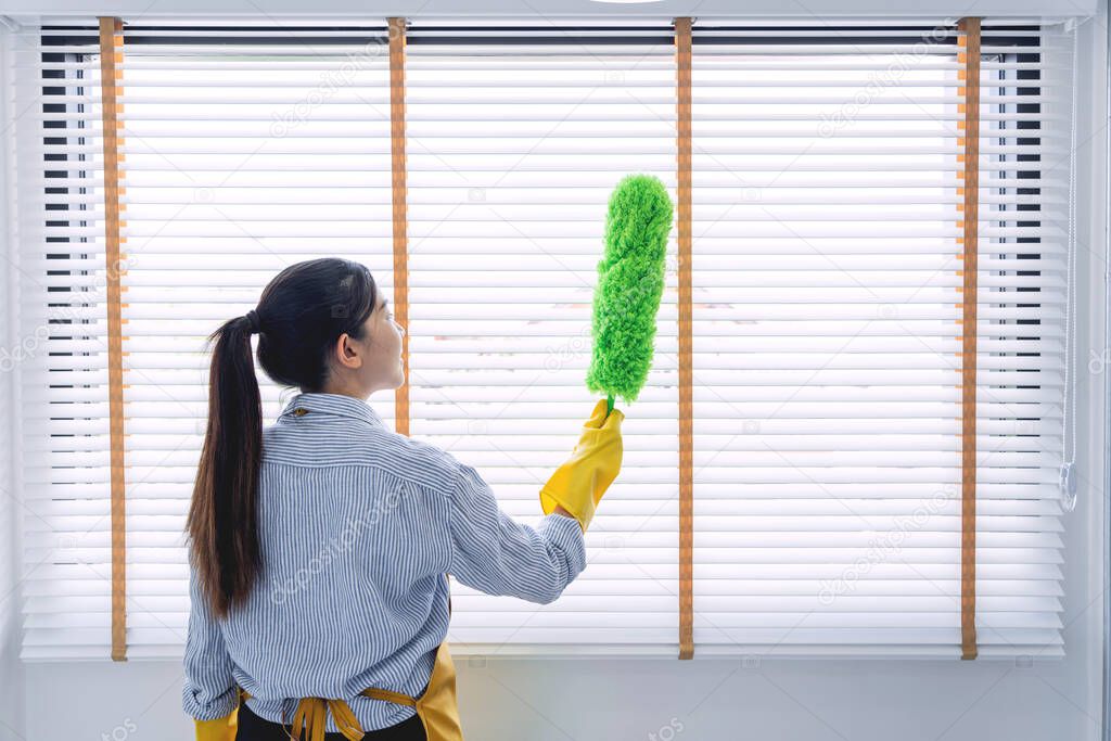 Young female spring cleaning house interior holding a duster for wiping dust dusting furniture at home