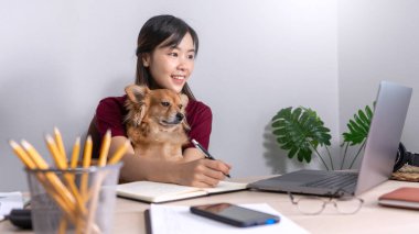 Güzel, genç Asyalı bir kadın uzaktan çalışıyor ve yalan söylerken gülümsüyor. Komik bir köpek evcil hayvan yardımcısıyla iyi ilişkileri var. Ev hayvanı konsepti.