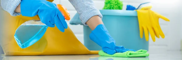 Temizlikçi, lastik eldiven giyip, kumaş temizliği yapıyor ya da evde, ev işi ve temizlik konseptini uyguluyor.