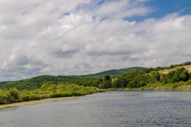 Güneşli bir günün ortasında sakin bir nehirden yeşil ağaçların ve çalıların ardından yüksek kayalık dağların arka planına bakın. Gölette mavi gökyüzünde büyük kabarık bulutlar. Sükunet kavramı