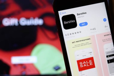 Los Angeles, California, Usa - 26 Kasım 2019: Bershka uygulama simgesi telefon ekranında bulanık arkaplanlı logo, İllüstrasyon Editörü