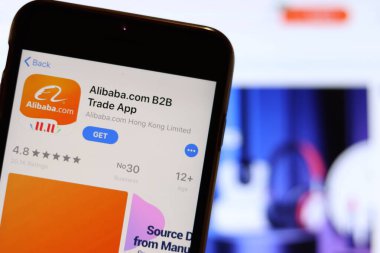 Los Angeles, California, Usa - 26 Kasım 2019: Alibaba Ticaret Uygulaması simgesi telefon ekranında bulanık arkaplanda logo, İllüstrasyon Editörü