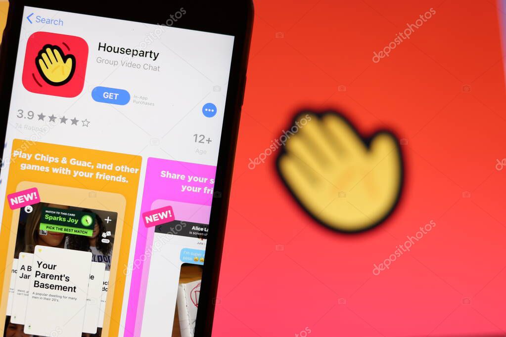 Los Angeles, California, USA - 26 November 2019: Houseparty icon on phone screen with logo on blurry background, Illustrative Editorial.