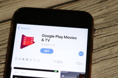 Los Angeles, California, Usa - 28 Kasım 2019: Google Play Movies and Tv uygulama simgesi cep telefonu ekranı üst görünümü, Illustrative Editorial