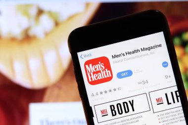 Los Angeles, California, Usa - 28 Kasım 2019: Cep telefonu ekranında Mens Health uygulama simgesi ve bulanık arkaplanda logo, Illustrative Editorial