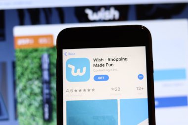 Los Angeles, California, Usa - 28 Kasım 2019: Cep telefonu ekranında dilek uygulaması simgesi ve bulanık arkaplan üzerinde logo, İllüstrasyon Editörü