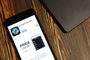 Los Angeles, California, Usa - 3 Aralık 2019: Blockchain Info App Logosu telefon ekranında düz dizüstü bilgisayarlı, İllüstrasyon Editörü