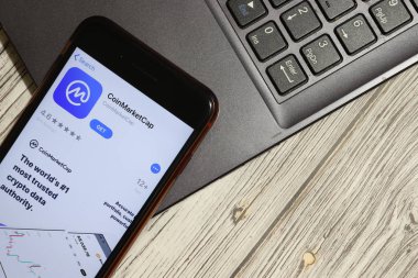 Los Angeles, California, Usa - 3 Aralık 2019: Telefon ekranında düz dizüstü bilgisayarlı sikke pazar uygulaması logosu,