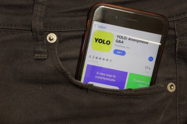 Saint-Petersburg, Rusya - 6 Aralık 2019: Cep telefonu ekranında Yolo simgesi, İllüstrasyon Editörü