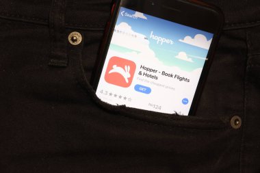 Saint-Petersburg, Rusya - 6 Aralık 2019: Cep telefonunda Hopper uygulama simgesi olan cep telefonu ekranı, İllüstrasyon Editörü