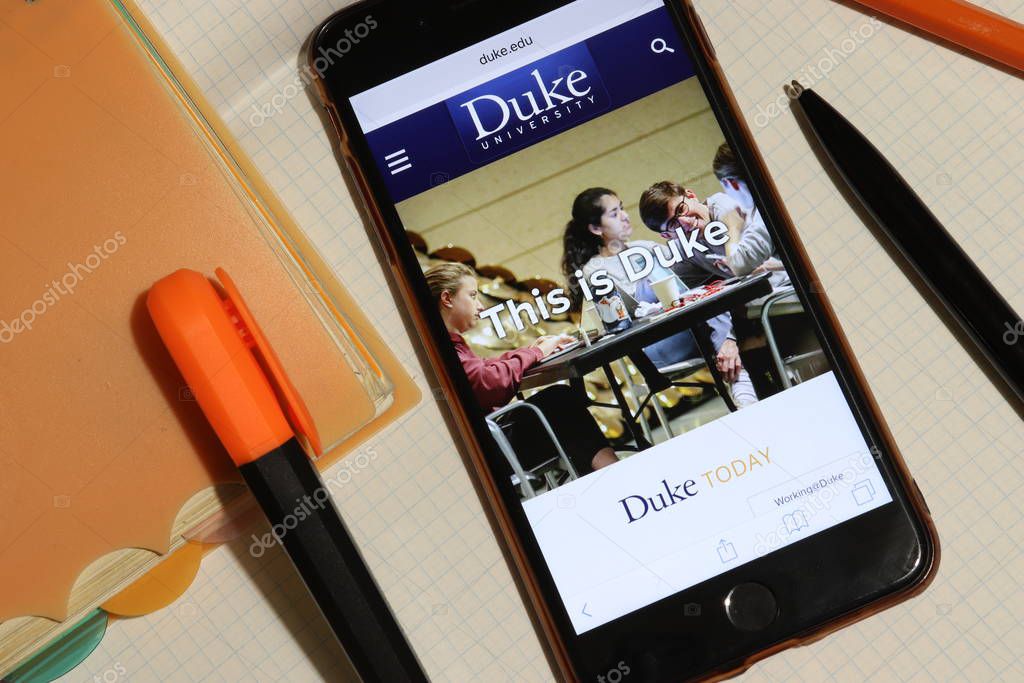 Los Angeles, California, USA - 7 December 2019: Mobile phone screen with Duke University website page close-up. Higher education admission and overview concept, Illustrative Editorial.
