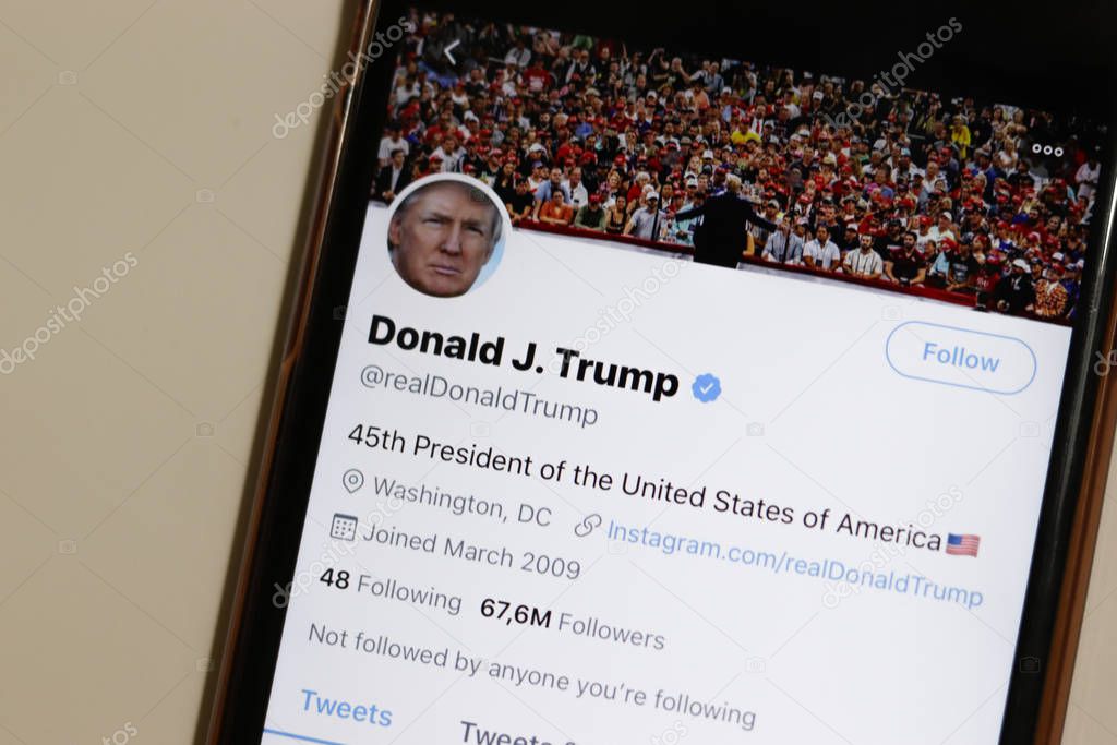 Los Angeles, California, USA - 18 December 2019: Donald J Trump account on Twitter on phone screen, Illustrative Editorial.
