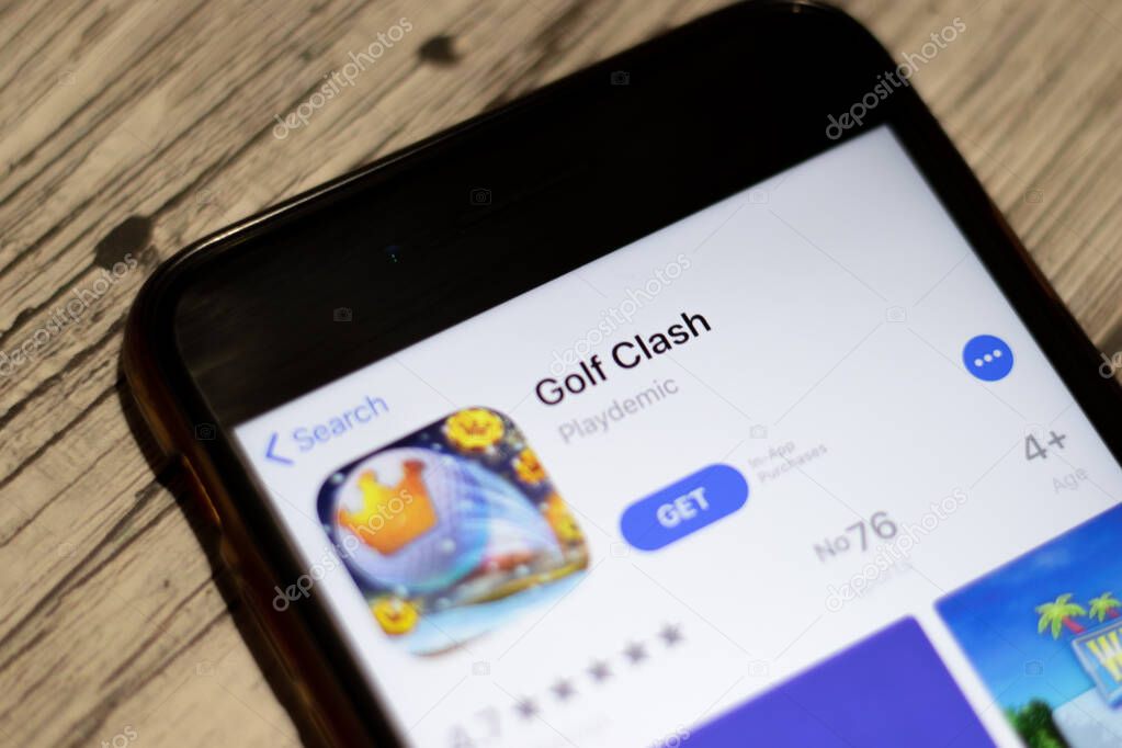 Saint-Petersburg, Russia - 25 December 2019: Golf Clash icon on App Store page close up top view on phone screen, Illustrative Editorial.