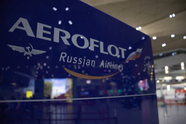 Saint-Petersburg, Russia - 30 December 2019: Aeroflot Russian Airlines logo in Pulkovo Airport, Illustrative Editorial clipart
