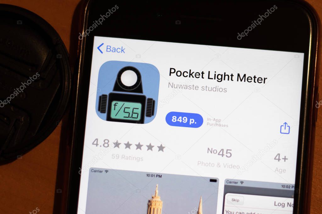 Saint-Petersburg, Russia - 10 January 2020: Pocket Light Meter icon close up on phone screen, Illustrative Editorial.