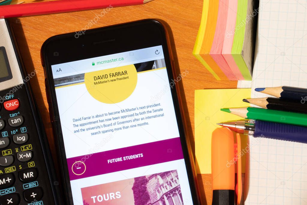 Saint-Petersburg, Russia - 10 January 2020: Phone screen with McMaster University website page. Higher education admission concept, Illustrative Editorial.