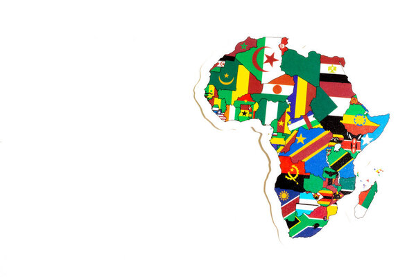 National flag of Africa. Continent outline on white background with copy space. Politics illustration.