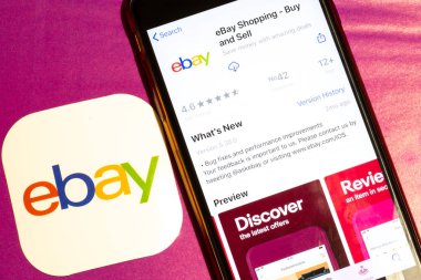 Los Angeles, California, Usa - 22 Ocak 2020: Ebay uygulama logosu ve simgesi mor arkaplan üzerine yakın plan, İllüstrasyon Editörü