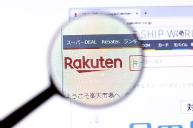 Los Angeles, California, Usa - 18.02.2020: Kapalı logolu Rakuten web sitesi. Rakuten.co.jp site simgesi ekranda, Illustrative Editorial.