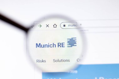 Los Angeles, California, Usa - 15 Mart 2020: Münih Re Grubu web sitesi simgesi. Münih logosu ekranda görünür, İllüstrasyon Editörü.