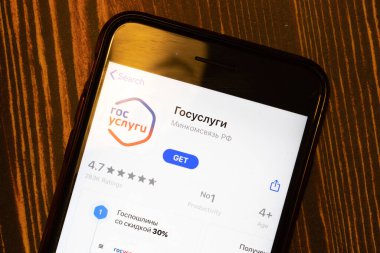Los Angeles, California, Usa - 15 Mart 2020: Gosuslugi mobil uygulama logosu telefon ekranında, İllüstrasyon Editörü.