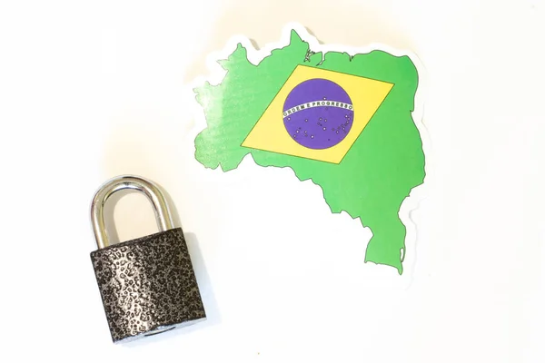 Brasil National Flag Outline White Background Closed Lock Top View — Stock Photo, Image