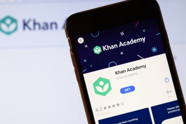 Los Angeles, California, ABD - 24 Mart 2020: Khan Academy uygulama logosu telefon ekranında arka planda ikon, Illustrative Editorial ile web sitesini kapatın.