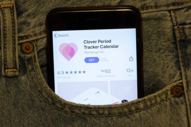 Los Angeles, Kaliforniya, ABD - 24 Mart 2020: Clover Tracker Period Takvim uygulaması logosu telefon ekranında kot pantolon cebinde, İllüstrasyon Editörü