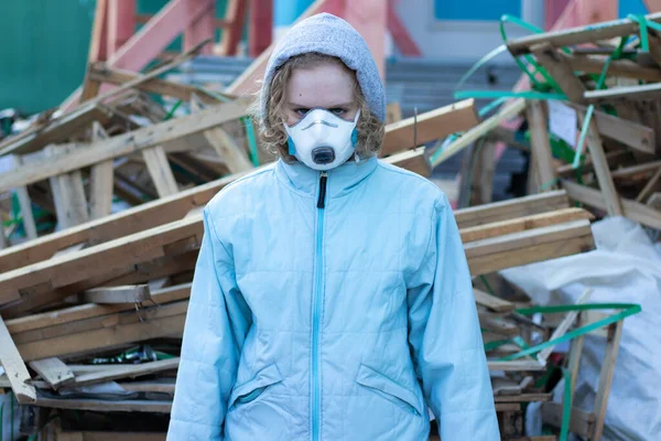 Female Looks Angry Camera Serious Girl Face Protective Mask Destruction — Stock Photo, Image
