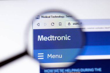 Saint Petersburg, Russia - 29 March 2020: Medtronic business company logo visible on screen. Corporation website page close-up, Illustrative Editorial. clipart