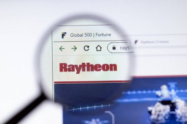 Saint Petersburg, Russia - 29 March 2020: Raytheon business company logo visible on screen. Corporation website page close-up, Illustrative Editorial. clipart