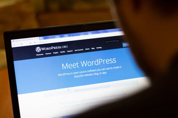 New York, ABD - 9 Nisan 2020: WordPress web sitesi dizüstü bilgisayarı kapat. Ekranda servis kullanan adam, bulanık arkaplan, İllüstrasyon Editörü.