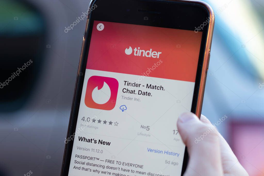 New York, USA - 1 May 2020: Tinder app logo close-up on phone screen, Illustrative Editorial.
