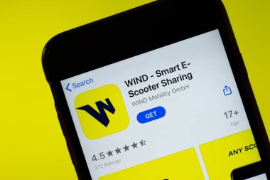 New York, ABD - 15 Mayıs 2020: Rüzgâr Akıllı Scooter mobil uygulama logosu telefon ekranında, yakın plan ikonu, İllüstrasyon Editörlüğü.