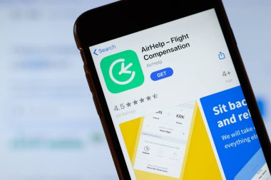 New York, ABD - 15 Mayıs 2020: Telefon ekranında AirHelp mobil uygulama logosu, yakın plan ikonu, İllüstrasyon Editörü.