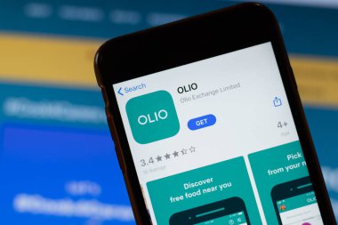 New York, ABD - 15 Mayıs 2020: Telefon ekranında OLIO mobil uygulama logosu, yakın plan ikonu, İllüstrasyon Editörü.