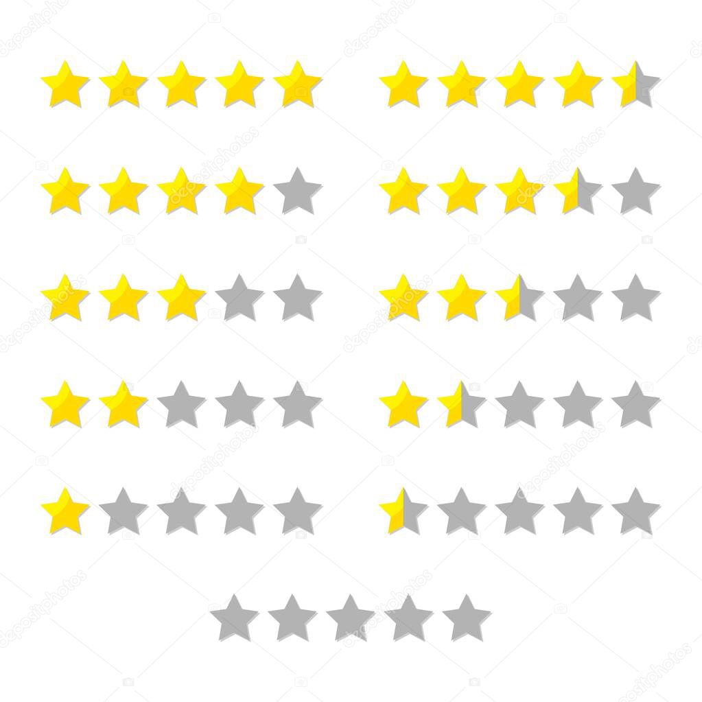 rating stars set for product or customer review with gold and half stars flat vector icons for apps and website. isolated on white background. rank and rating concept collection symbols.
