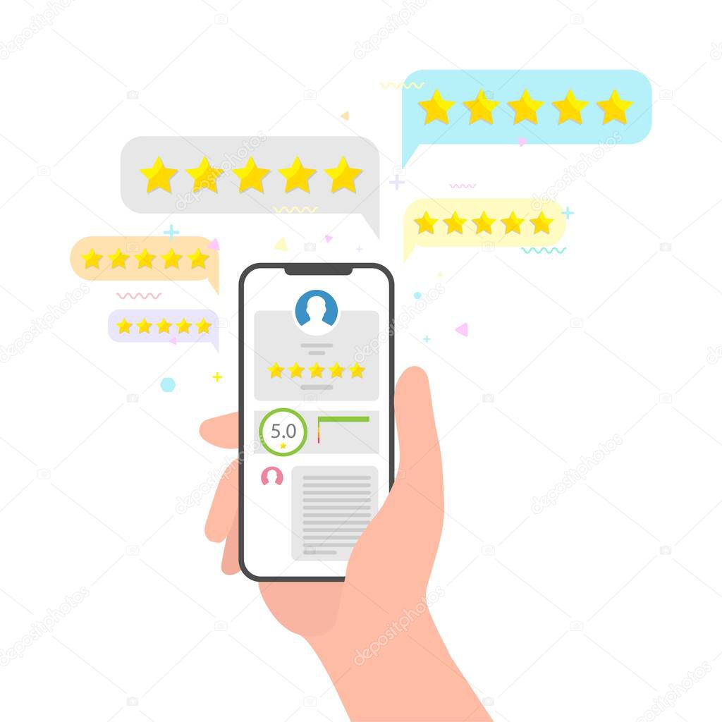 hand holding phone and stars rating feedback review. perfect five stars review concept. rating evaluation over mobile phone social media concept of user opinion. flat style vector isolated for web.