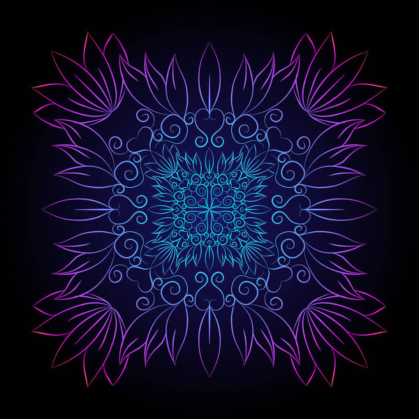 Colorful blue and pink flower mandala. Vintage decorative gradient element.